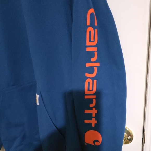 Carhartt Men's Navy Hoodie with Orange Logo - Picture 3 of 5